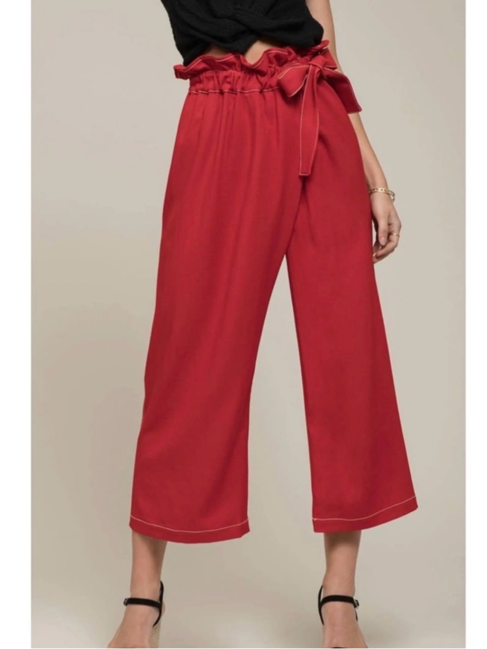 Anthropologie Moon River Red Paper Bag  Crop Wide Leg Pant Tie Medium NEW
